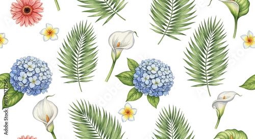 Watercolor floral pattern featuring vibrant flowers and lush green foliage