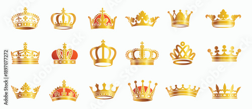 Golden crown mascot. Crown icons set