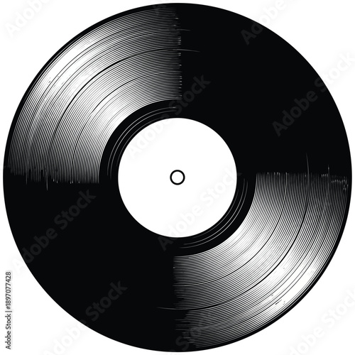 A black vinyl record with a white label sits isolated on a white background.