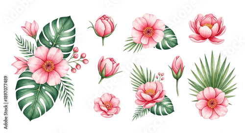 Watercolor floral arrangements with pink flowers and green leaves isolated