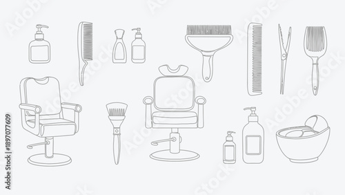 A collection of hair salon tools and barber shop equipment.