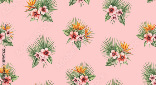Watercolor floral pattern featuring vibrant flowers and lush green foliage on pink