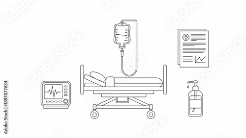 Essential hospital medical equipment line art illustration on a white background.