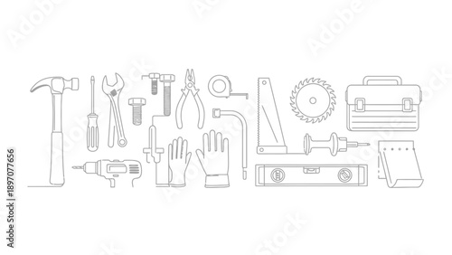 Line art illustration of various construction and repair tools on a white background.