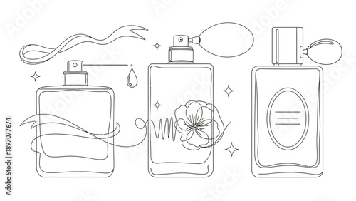 Elegant perfume bottles in minimalist continuous line art style