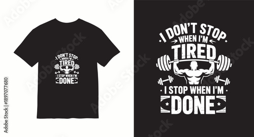 Gym motivation typography t-shirt design with muscular bodybuilder lifting barbell vector illustration for fitness workout apparel