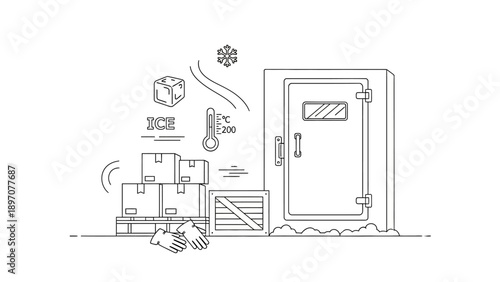 Cold storage facility with frozen goods and refrigeration elements.