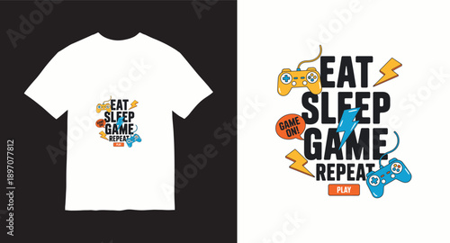 Eat sleep game repeat t-shirt design with game controllers and lightning bolts for gamers