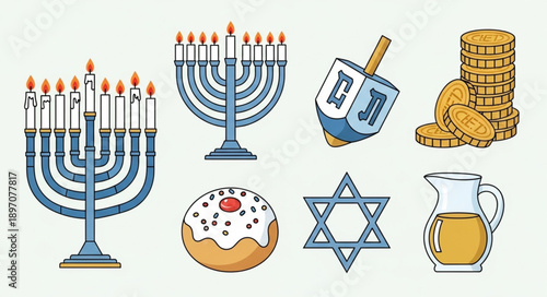 Hanukkah Symbols Including Menorah Dreidel Gelt and Star of David.