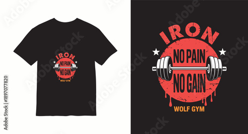 No pain no gain wolf gym t-shirt design with barbell and distressed texture for fitness motivation