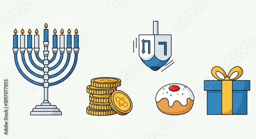 Hanukkah symbols including menorah dreidel gelt and sufganiyah.