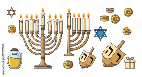 Hanukkah Symbols Including Menorah Dreidels and Gelt.