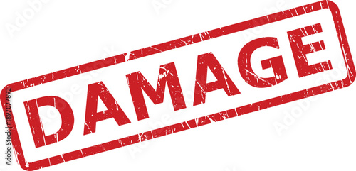 A bold red grunge textured rubber stamp shows the word DAMAGE clearly angled on a bright white background
