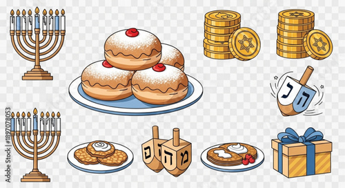 Hanukkah Symbols Including Menorahs Doughnuts Dreidels and Gifts.