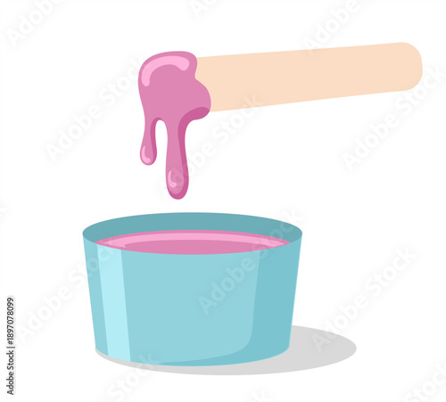 Wooden stick dripping pink wax over a container for hair removal, depilatory product for beauty salons and spas. Waxing stick and wax in jar, hair removal