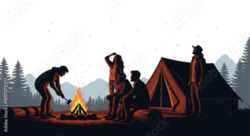 Group of friends camping around a campfire at night.