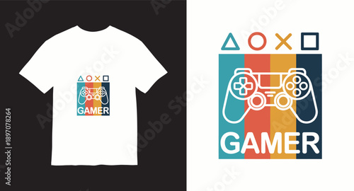 Retro gamer t-shirt design with classic controller illustration and colorful vintage stripe background