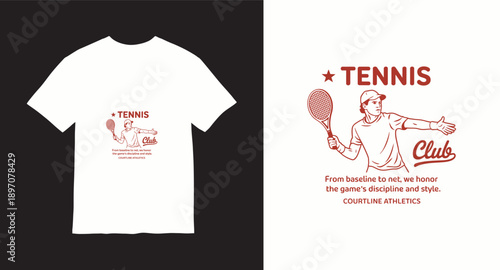 Tennis player serving graphic with text for sports apparel design