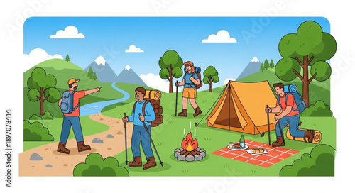 Group of hikers enjoying a camping trip in the mountains.