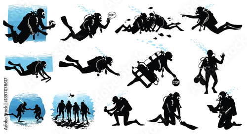 Scuba Divers Underwater Exploration Silhouette Set