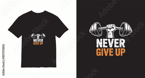 Motivational gym t-shirt design featuring a dumbbell and inspirational quote