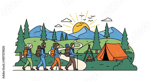 Group of hikers walking on a mountain trail with a tent.