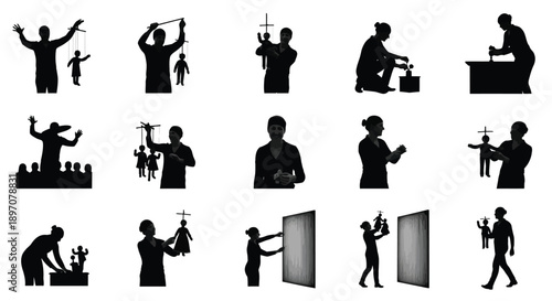 Puppeteer silhouettes performing with marionettes and puppets