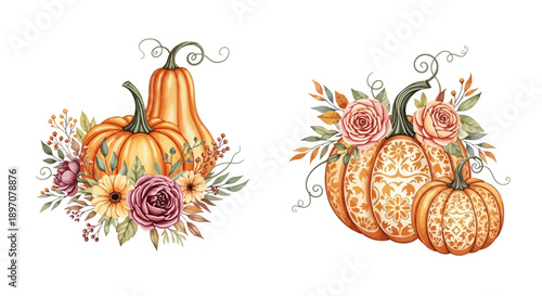 Watercolor pumpkins with flowers and leaves for autumn decoration isolated