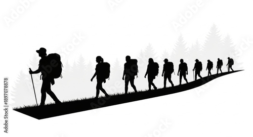 Group of hikers walking on a trail with backpacks.