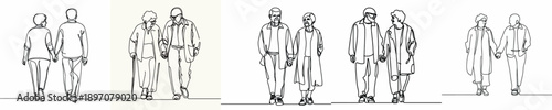 line art of old couple walking with holding hands affectionately on valentine's day