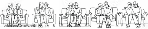 line art of an old couple sitting affectionately on the sofa on Valentine's Day