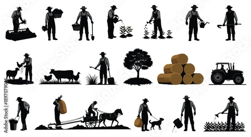 Farmer silhouettes with agricultural workers and livestock