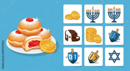 Hanukkah food and symbols illustration.