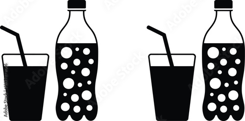 Black and white of soda bottles and glasses with straws