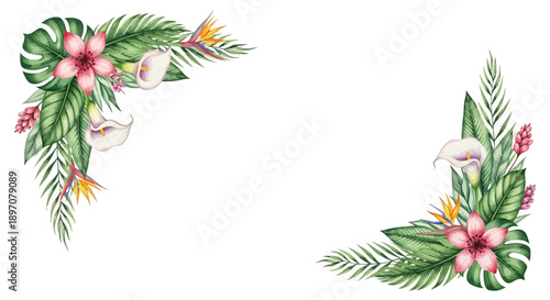 Watercolor tropical floral corner arrangements with various exotic flowers and leaves