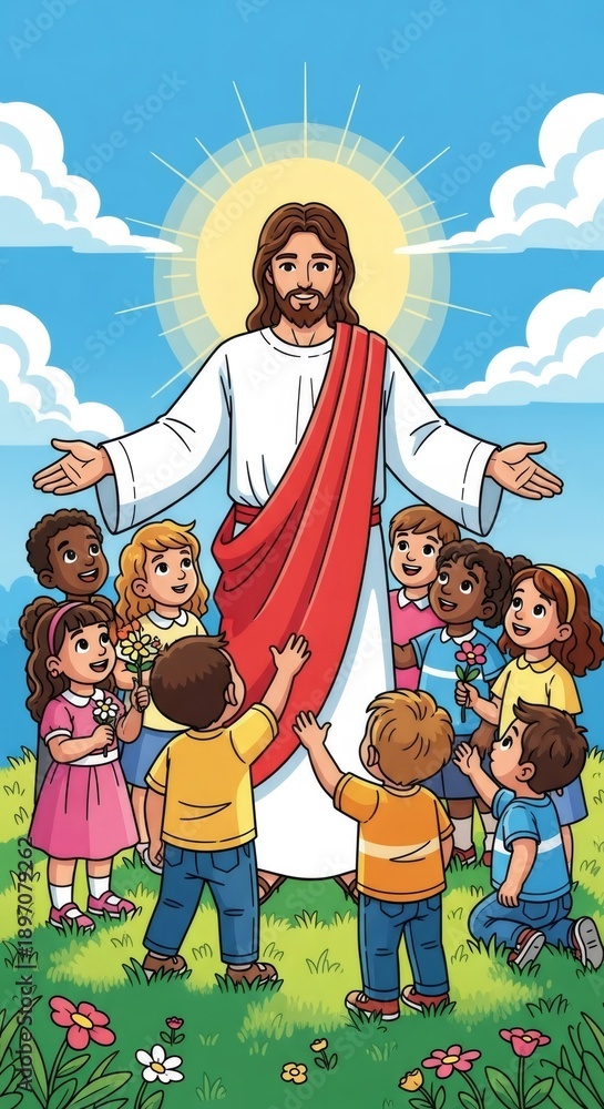 Naklejka premium Jesus Christ with open arms embracing a diverse group of happy children in a green field under a sunny sky, religious illustration for Easter.