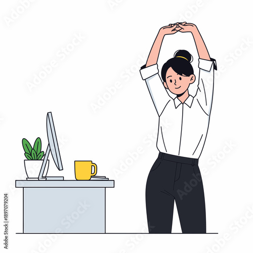 Woman stretching at her desk, promoting workplace wellness and a healthy lifestyle