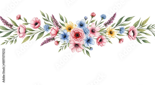 Watercolor floral arrangement with various flowers and green leaves on white background