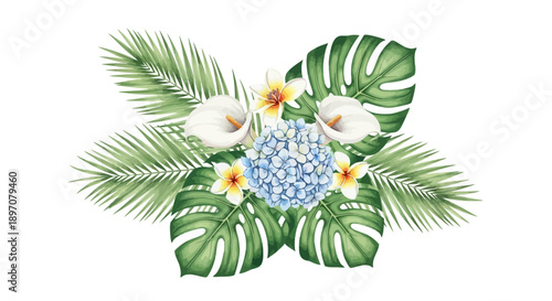 Watercolor floral arrangement featuring tropical flowers and lush green foliage