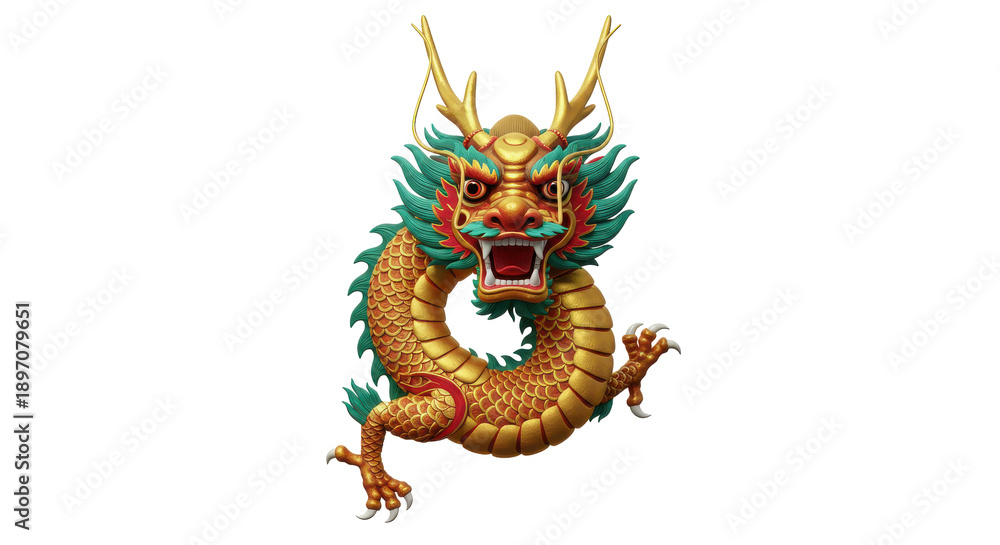 Fototapeta premium Ornate golden dragon sculpture with intricate details isolated on white background