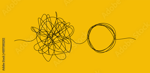 Chaos and order business concept in flat art. Bright yellow color design. A tangled mess turns into a circular line of order. Finding a solution. 