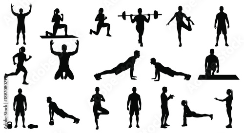 Fitness silhouettes of people exercising and doing gym workouts