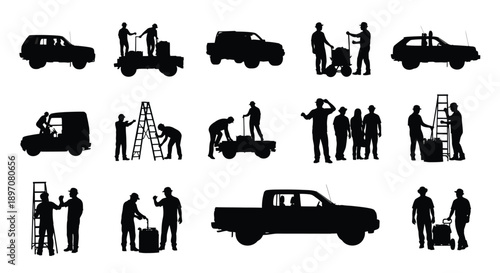 Auto mechanic silhouettes repairing vehicles and using garage tools
