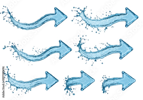 Three aqua arrows dynamic water splashes forming directional indicators isolated on white background