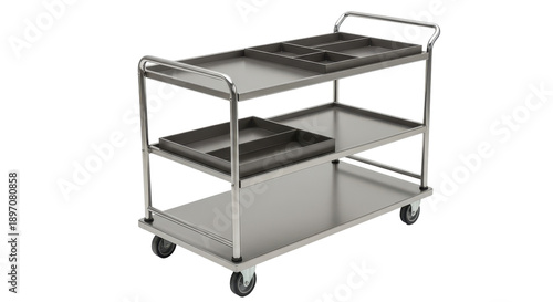 Shiny stainless steel service cart with multiple shelves and compartments isolated on white background
