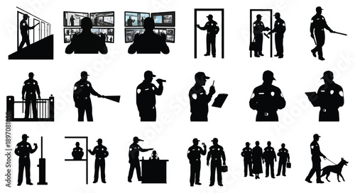 Security guard silhouettes protecting property and monitoring surveillance