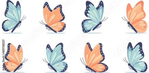 Four blue and four orange butterflies with dark blue outlines, in flight