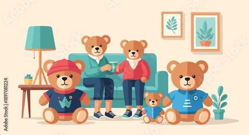 Four cartoon teddy bears relax in a cozy living room setting
