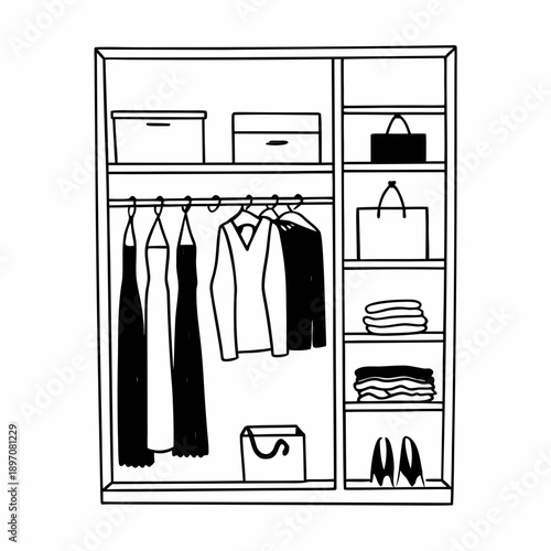 Wardrobe with clothes and accessories vector illustration