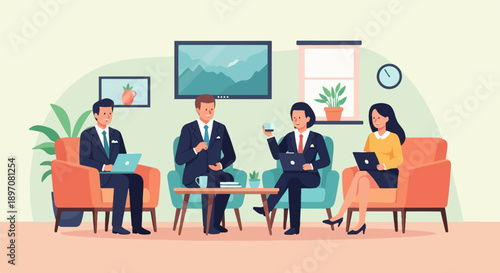 Four colleagues in suits discuss business in a modern, stylish meeting space